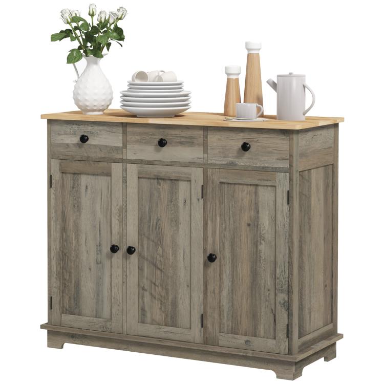 Distressed gray floor sideboard cabinet with solid wood top and multiple cabinet doors.