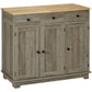 Distressed gray sideboard cabinet with solid wood top, 3 drawers, and 2 doors