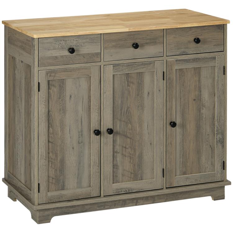 Distressed gray sideboard cabinet with solid wood top, 3 drawers, and 2 doors