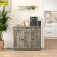Distressed gray sideboard storage cabinet with wood top, doors, and black round knobs.