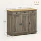 Gray distressed storage cabinet with solid wood top and double-door cabinet fronts.