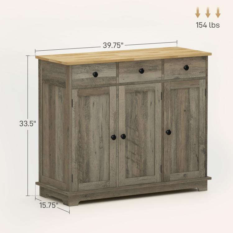Gray distressed storage cabinet with solid wood top and double-door cabinet fronts.