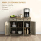 Distressed gray storage cabinet shown open, with interior shelves and drawers.