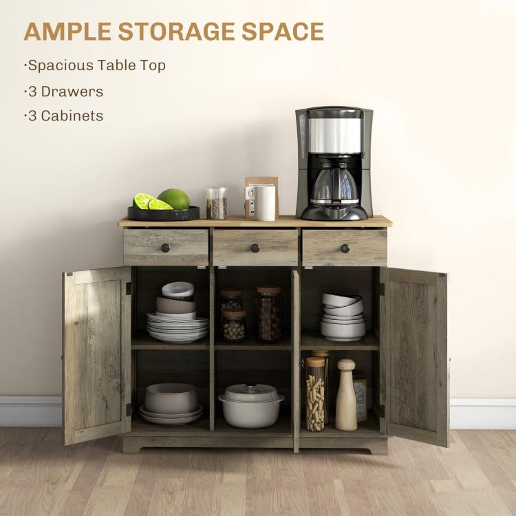 Distressed gray storage cabinet shown open, with interior shelves and drawers.