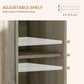 Adjustable interior shelf inside distressed gray cabinet with metal support pegs.