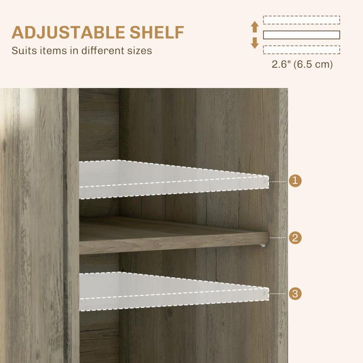 Adjustable interior shelf inside distressed gray cabinet with metal support pegs.