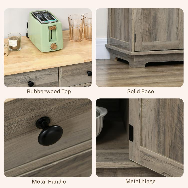 Distressed gray cabinet hardware detail: black metal handles and hinge on doors.