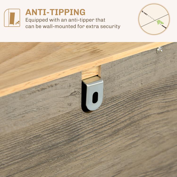 Anti-tipping bracket detail on the cabinet base with metal fastener and corner mount.