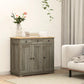 Distressed gray storage cabinet with solid wood top and two-door lower storage.