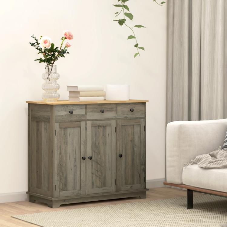 Distressed gray storage cabinet with solid wood top and two-door lower storage.