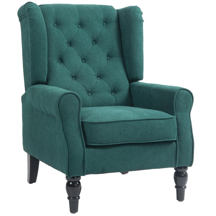 Dark green wingback accent chair with button-tufted back and rolled arms, wood legs