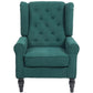 Dark green wingback accent chair, button-tufted seat back, cushioned rolled arms, wood legs