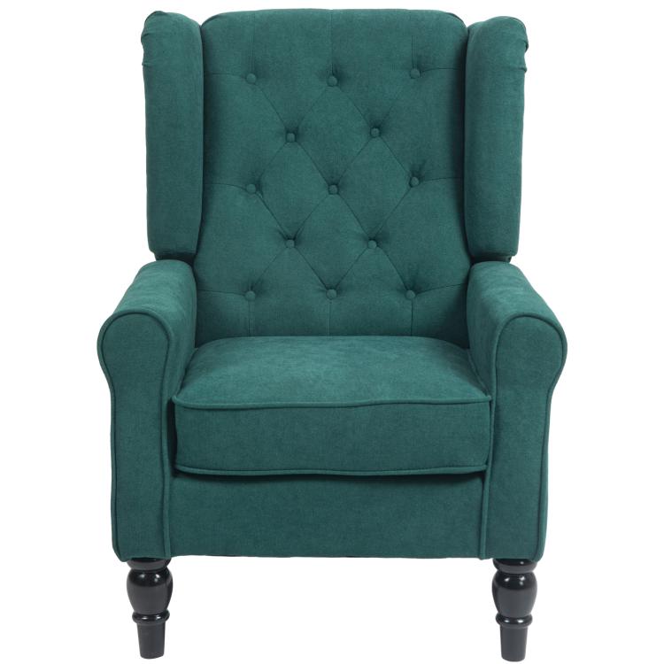 Dark green wingback accent chair, button-tufted seat back, cushioned rolled arms, wood legs