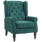 Dark green button-tufted wingback lounge chair with rounded arms and dark wooden legs