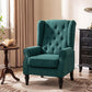Dark green wingback accent chair with tufted backrest, rolled arms, and tapered wood legs