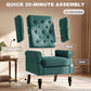 Dark green wingback chair with button-tufted back and separate legs for assembly