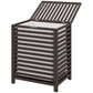Coffee bamboo laundry hamper with hinged lid open, revealing empty interior