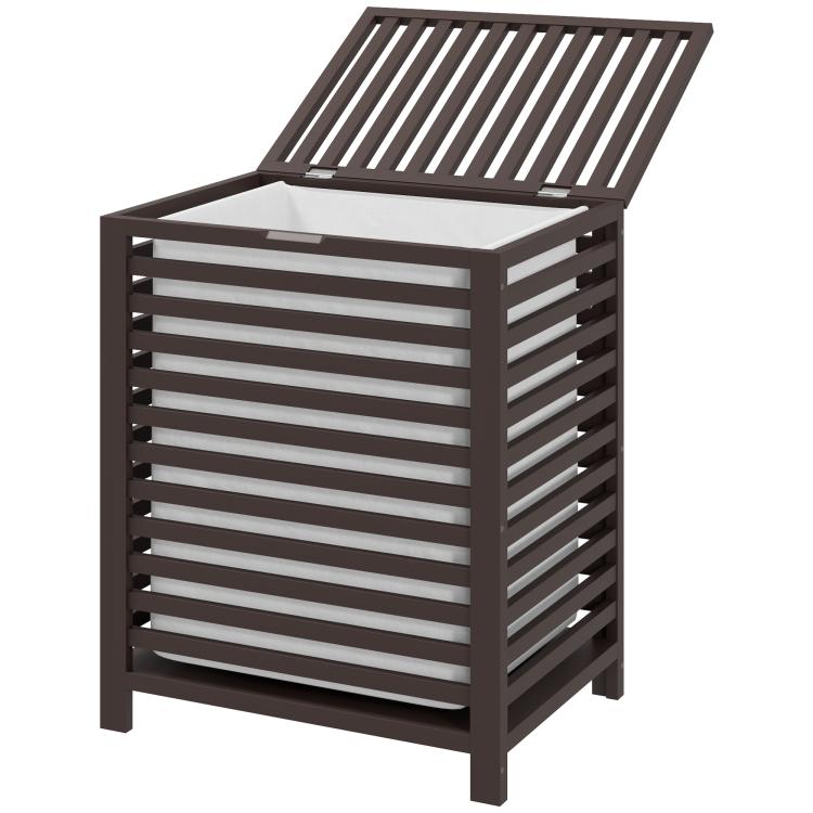 Coffee bamboo laundry hamper with hinged lid open, revealing empty interior
