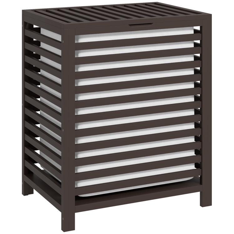 Coffee-brown bamboo laundry basket with slatted sides and matching lid