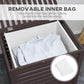 Coffee bamboo laundry hamper with open lid and removable liner bag with clothes
