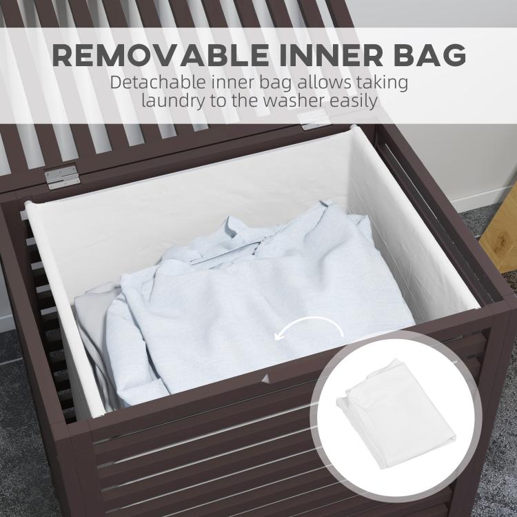 Coffee bamboo laundry hamper with open lid and removable liner bag with clothes