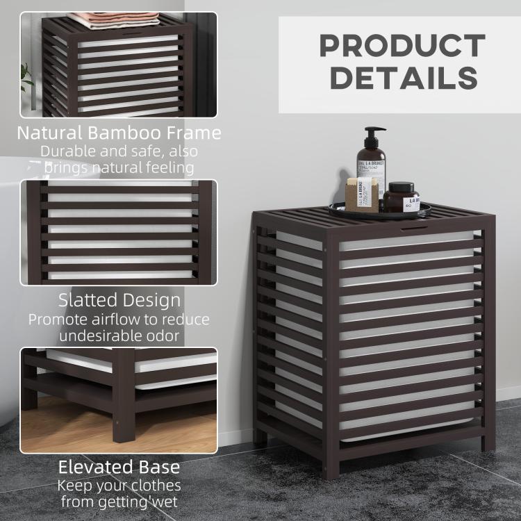 Coffee bamboo laundry hamper with slatted design and elevated base