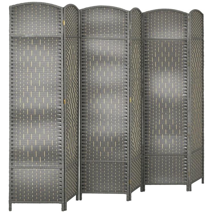 Gray six-panel folding privacy screen with arched tops and woven mesh panels