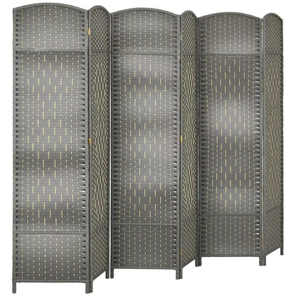 Gray six-panel folding privacy screen with arched tops and woven mesh panels