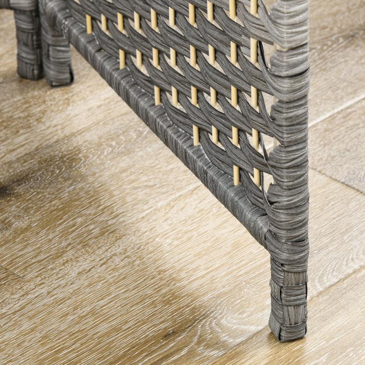 Gray woven 6-panel folding room divider screen, close-up of corner frame
