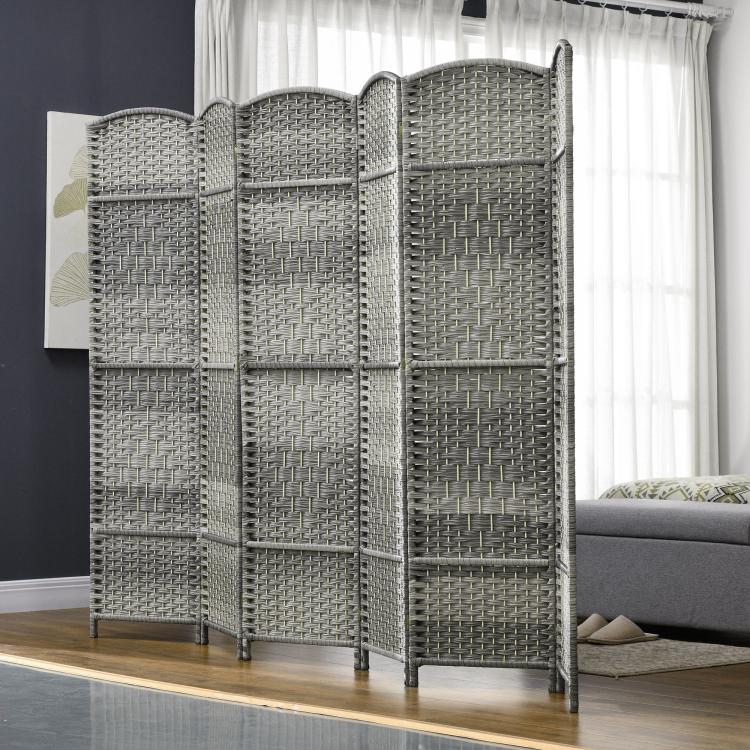 Gray six-panel folding privacy screen with arched tops and woven panel grid