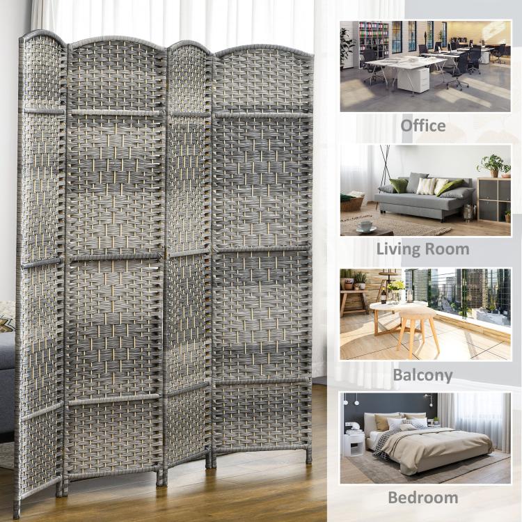 Gray six-panel folding privacy screen shown in multiple room setups