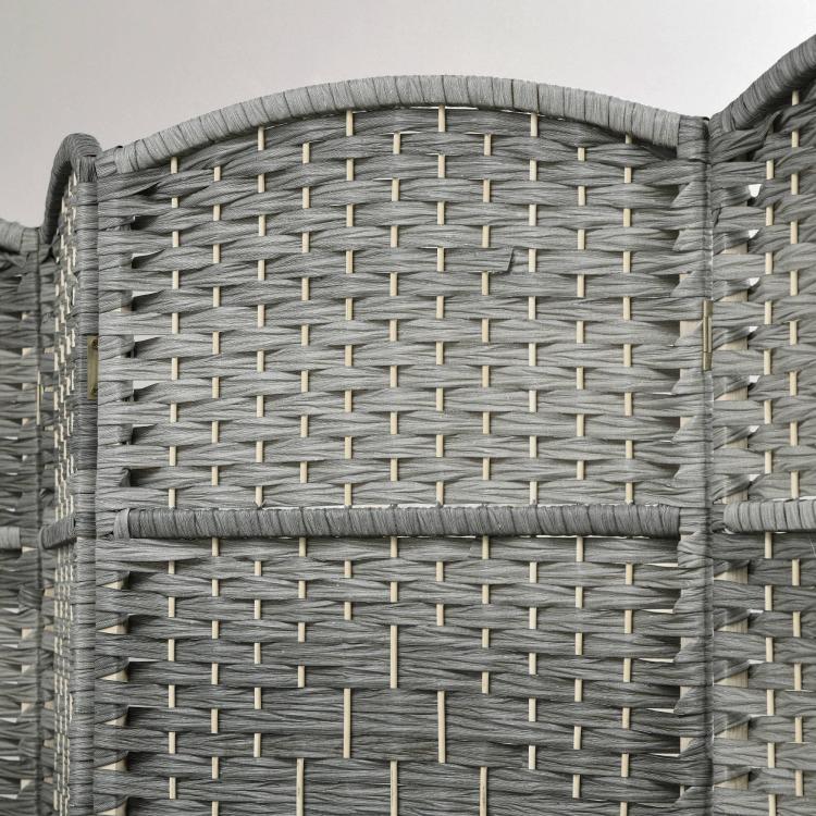 Close-up of gray woven privacy screen with arched edge and crisscross pattern