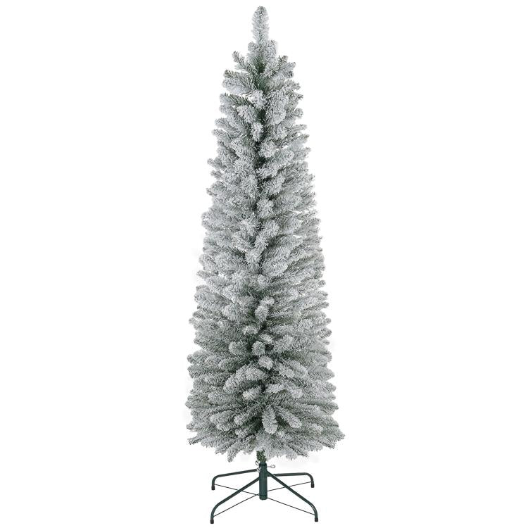 Snow-frosted artificial pencil Christmas tree with metal stand base