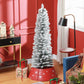 Snow-frosted artificial pencil Christmas tree with metal stand base
