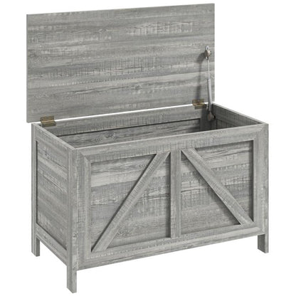 Gray lift-top storage chest with safety hinge and cross-panel front