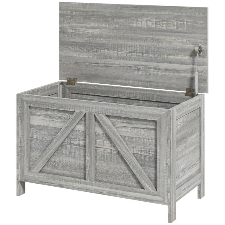 Gray storage chest with lift top open, safety hinge, cross-panel front