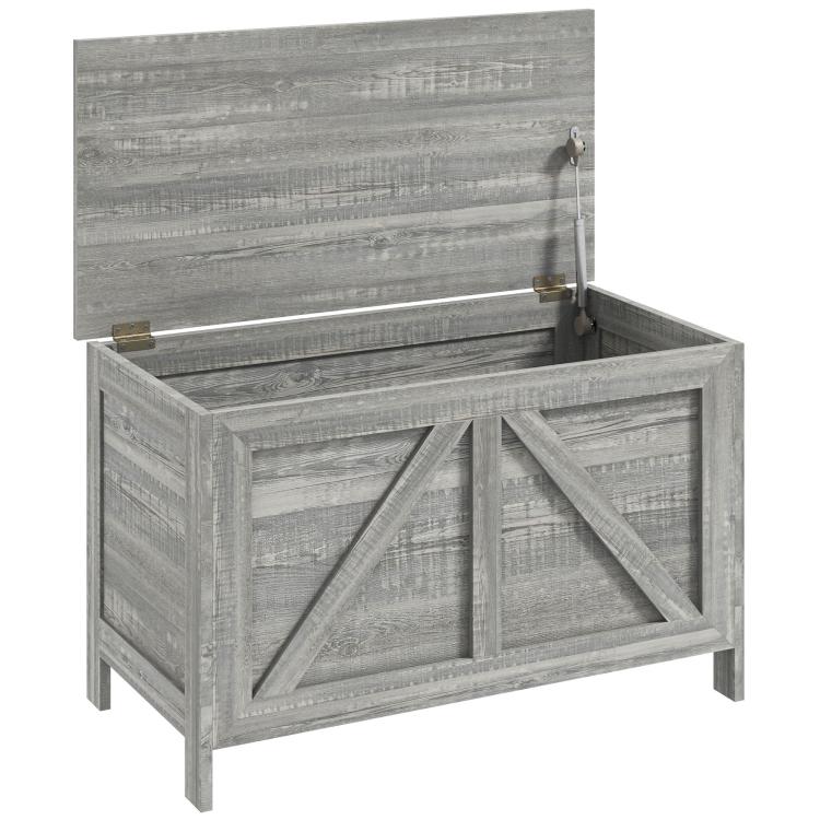 Gray wood-grain lift-top storage chest with lid open on safety hinge and interior