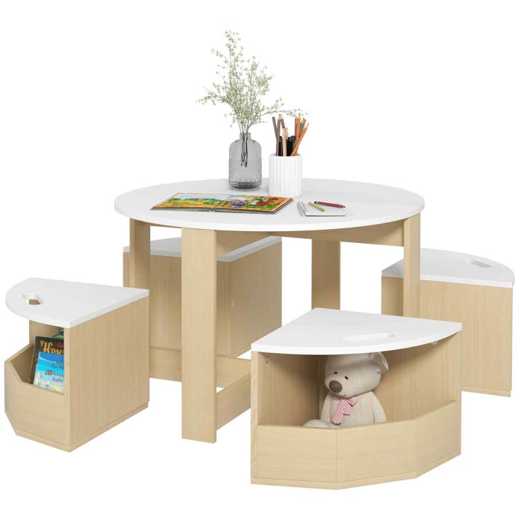 Kids 5-piece table and chair set with storage drawers and white tabletop