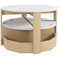 Round kids play table with two built-in storage benches and light wood finish