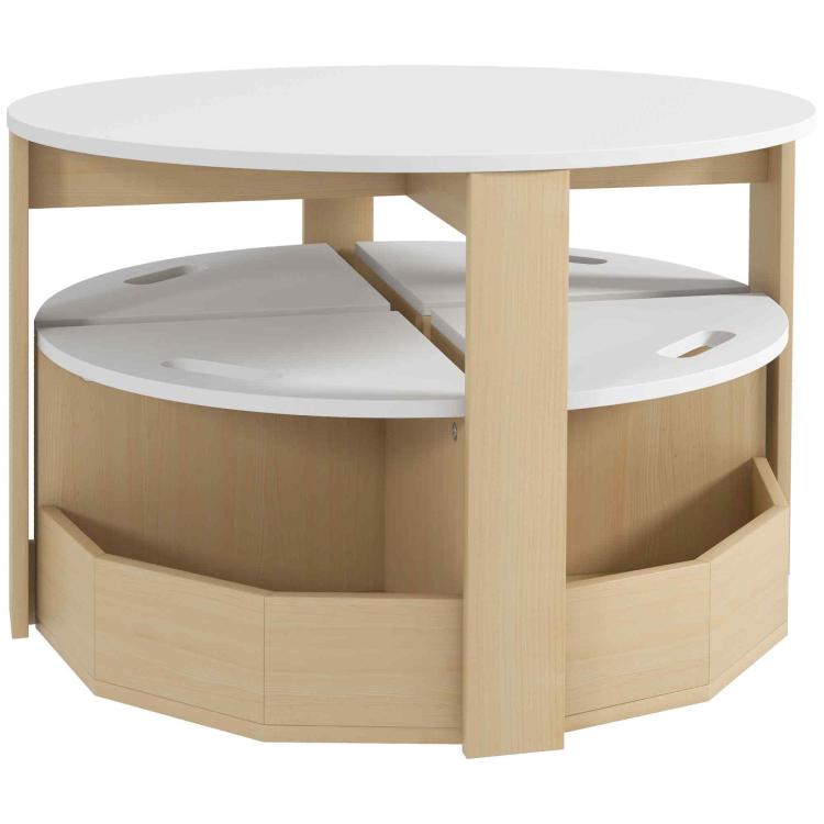 Round kids play table with two built-in storage benches and light wood finish