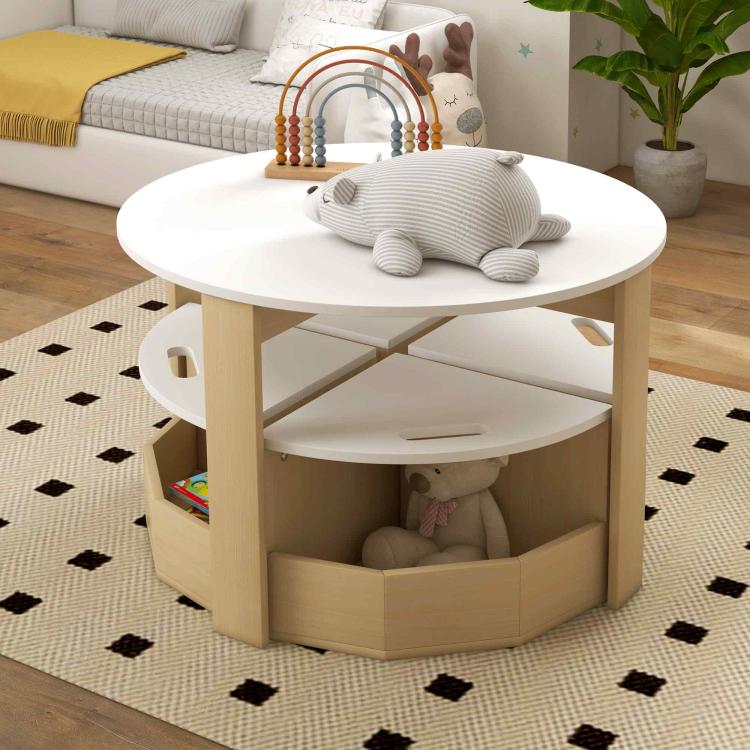 Kids round table with lower shelf and front storage compartment, light wood finish