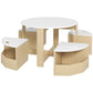 Kids table and two storage chairs set with white round tabletop and light wood frame