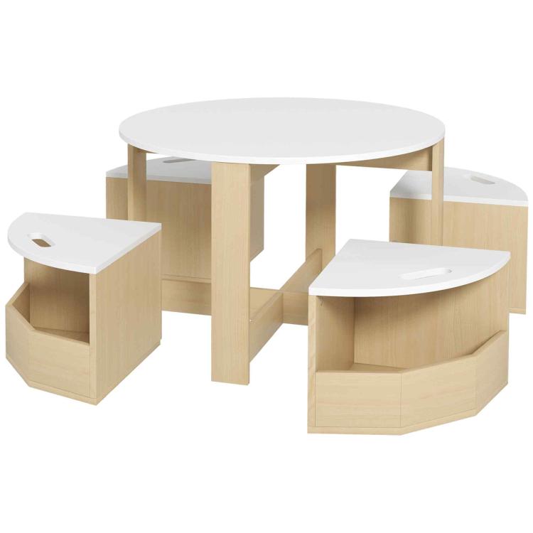 Kids table and two storage chairs set with white round tabletop and light wood frame