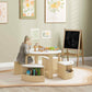 Kids activity table set with two benches and storage bins in light wood and white