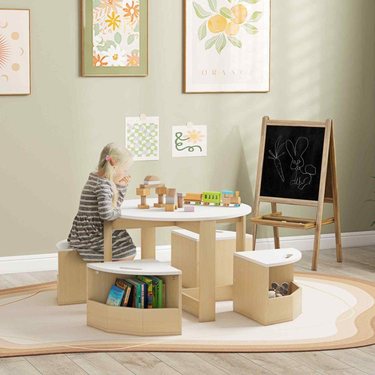 Kids activity table set with two benches and storage bins in light wood and white