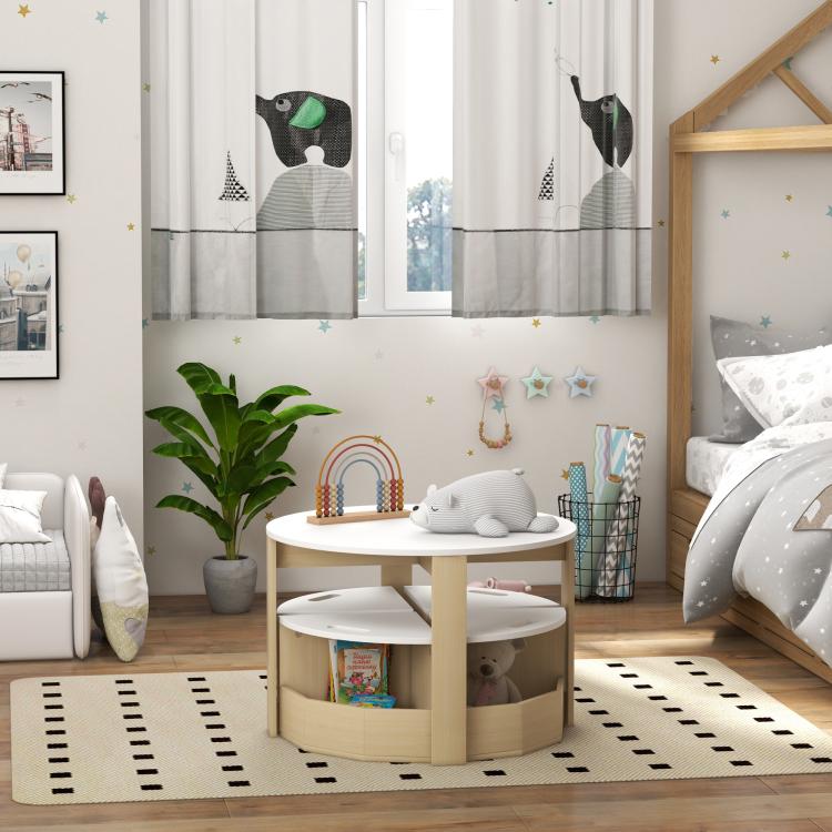Kids table and chair set with storage cube bench in light wood and white seats