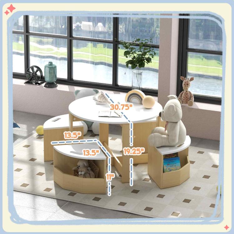 Children’s play table set with under-table storage and two round chairs, light wood