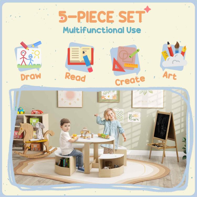 Kids play table set with storage benches, shown with children using it
