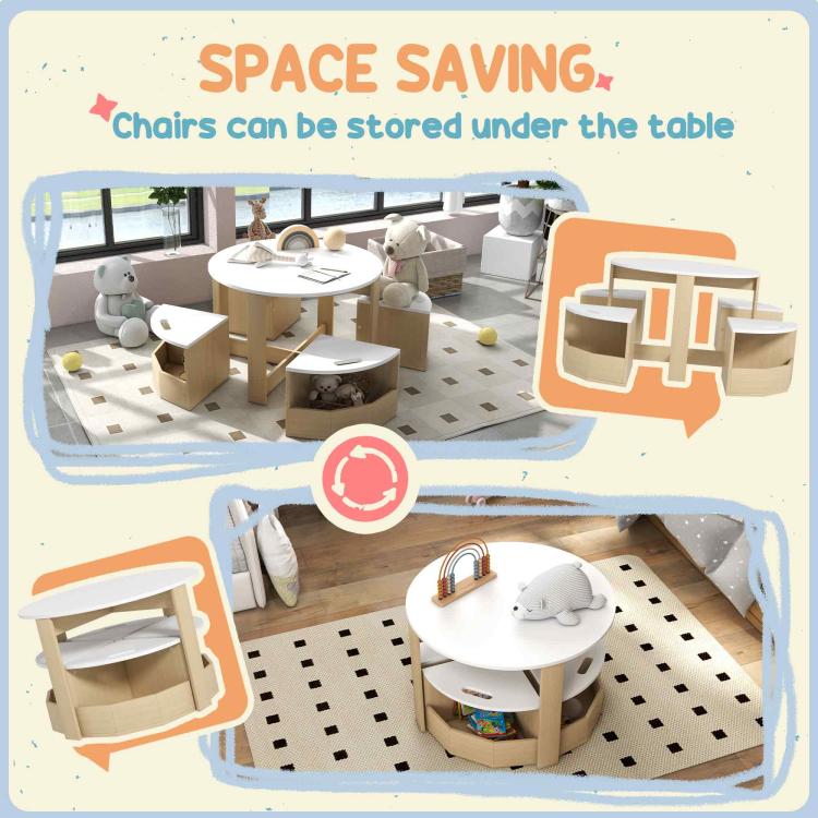 Kids table set with chairs that tuck under the tabletop and storage openings