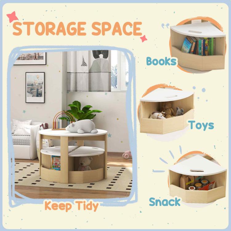 Kids round table and storage cube benches for books and toys, light wood